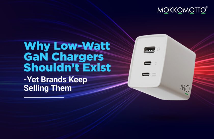 White 3‑port GaN wall charger (2 USB‑C, 1 USB‑A) on neon streak background with headline “Why Low‑Watt GaN Chargers Shouldn’t Exist.”